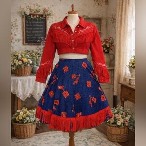 Vintage Navy Western Full Skirt, With Novelty Print, And Red Fringe Trim